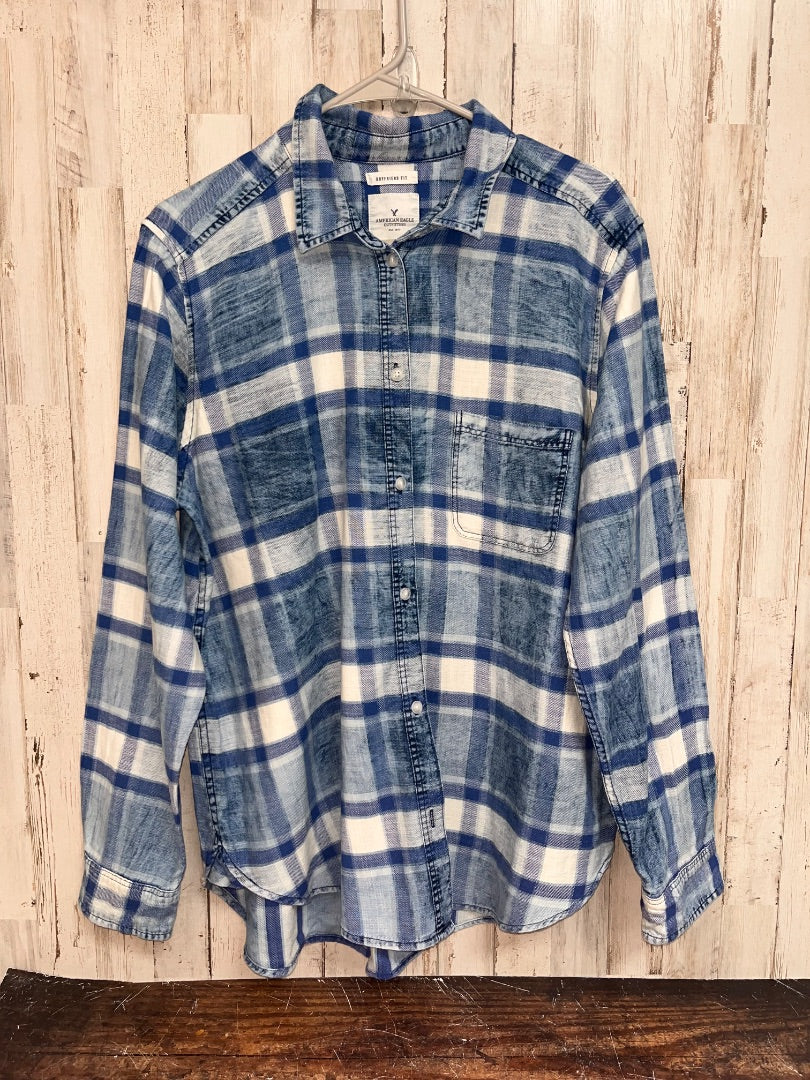 BLUE AMERICAN EAGLE BOYFRIEND FIT PLAID BUTTON UP, LADIES XL