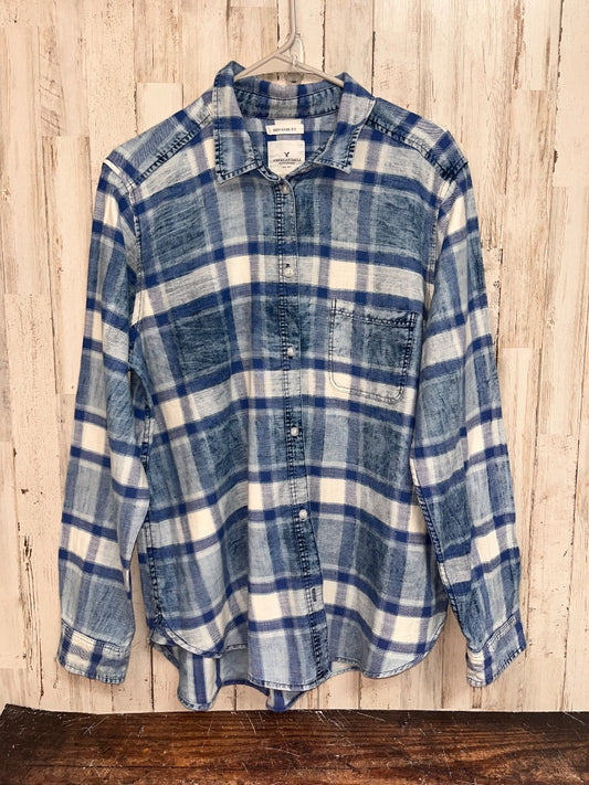 BLUE AMERICAN EAGLE BOYFRIEND FIT PLAID BUTTON UP, LADIES XL