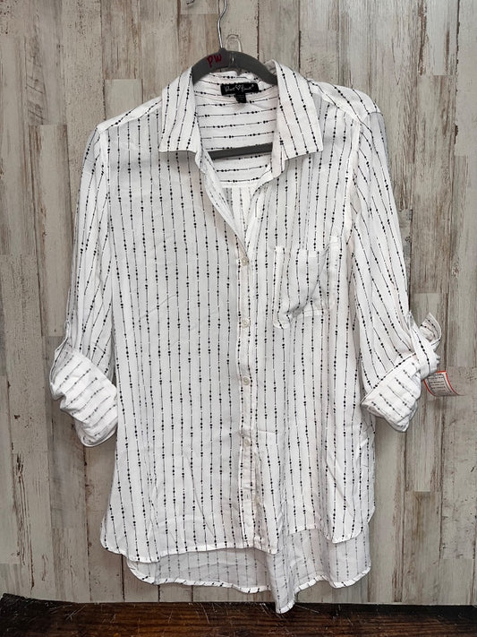 WHITE/BLACK VELVET HEART DOT STRIPE BUTTON UP, LADIES XL