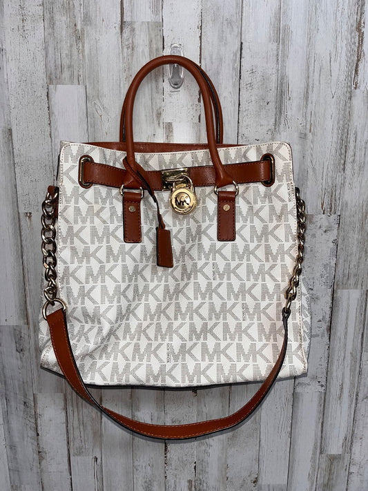 IVORY/BROWN MICHAEL KORS LOGO PRINT LEATHER TOTE