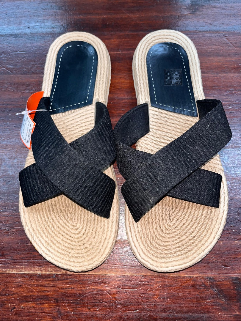 BLACK  DOUBLE STRAP RIBBED SANDALS, SHOES A9