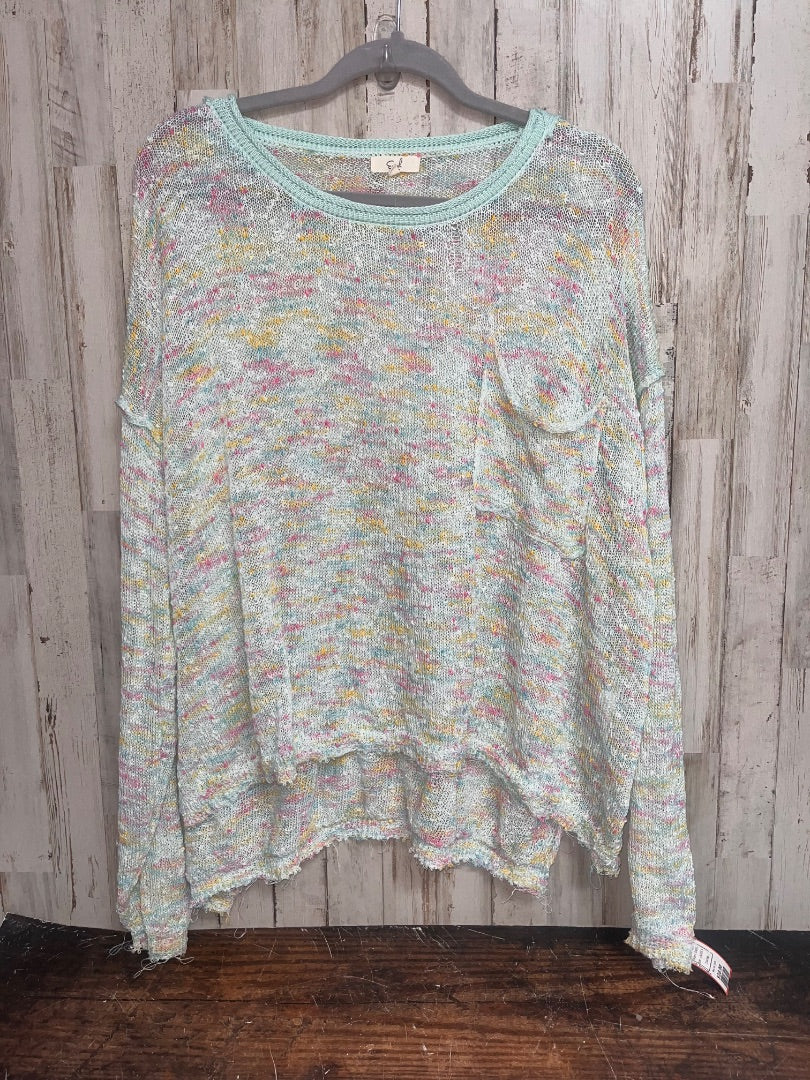 TEAL EASEL OVERSIZED RAW EDGE KNIT TOP, LADIES S