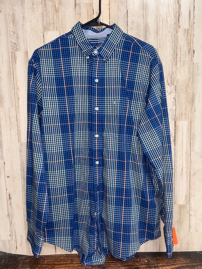 BLUE IZOD PLAID BUTTON UP, BOY ADULT M
