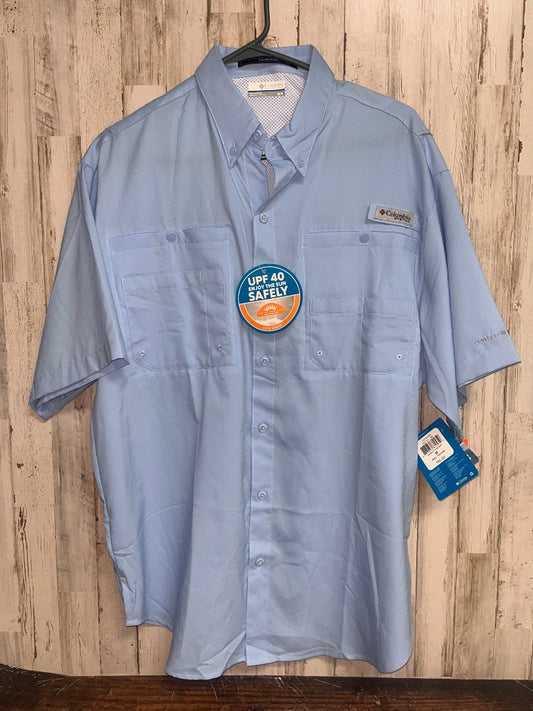 LIGHT BLUE COLUMBIA NEW FISHING BUTTON UP, BOY ADULT M