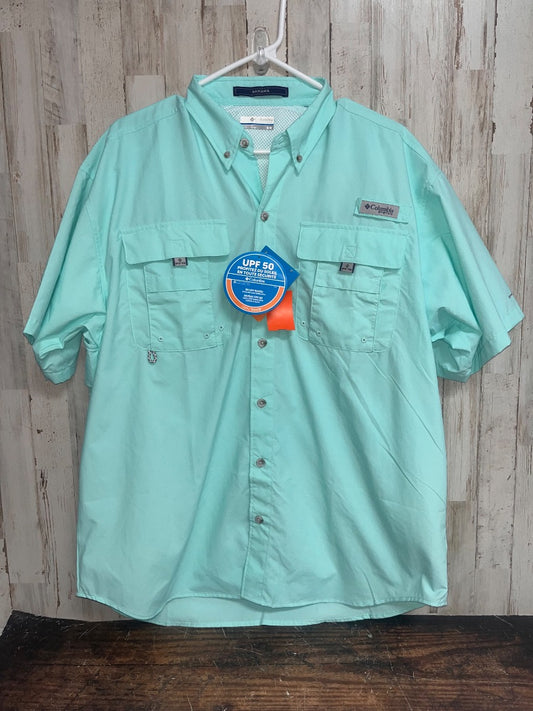 TEAL COLUMBIA NEW FISHING BUTTON UP, BOY ADULT M