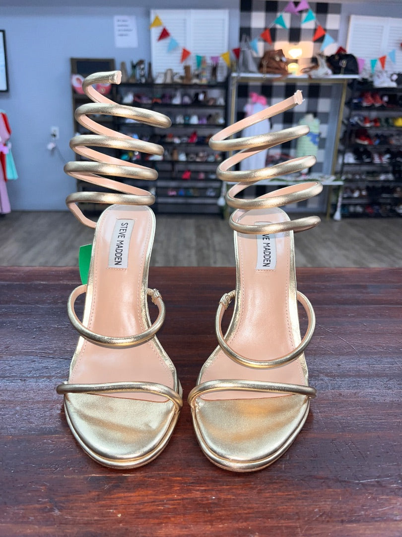 GOLD STEVE MADDEN ANKLE WRAP HEELS, SHOES A7.5