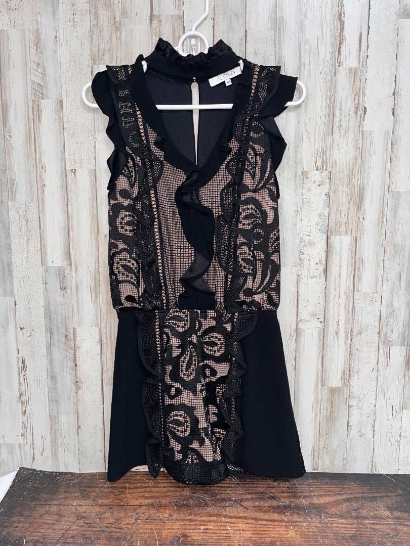 BLACK/NUDE ALEXIS LACE KEYHOLE ROMPER WITH OPEN BACK, LADIES XS