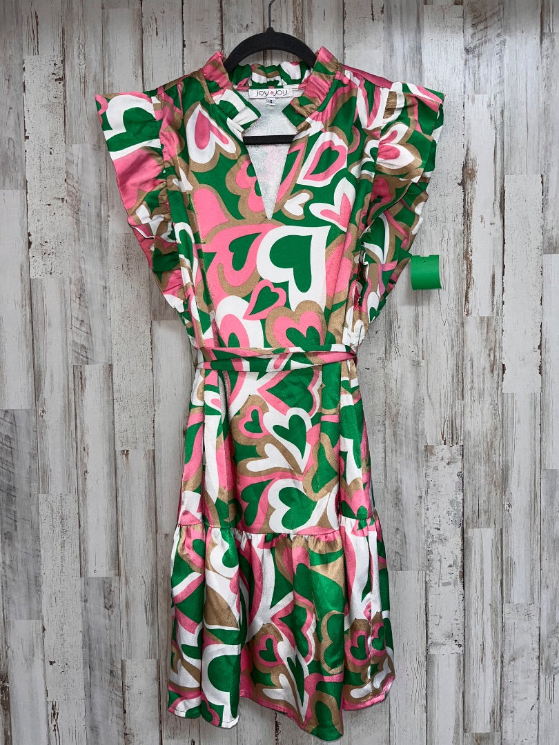 GREEN/PINK JOY JOY HEART PRINT BELTED DRESS, LADIES S