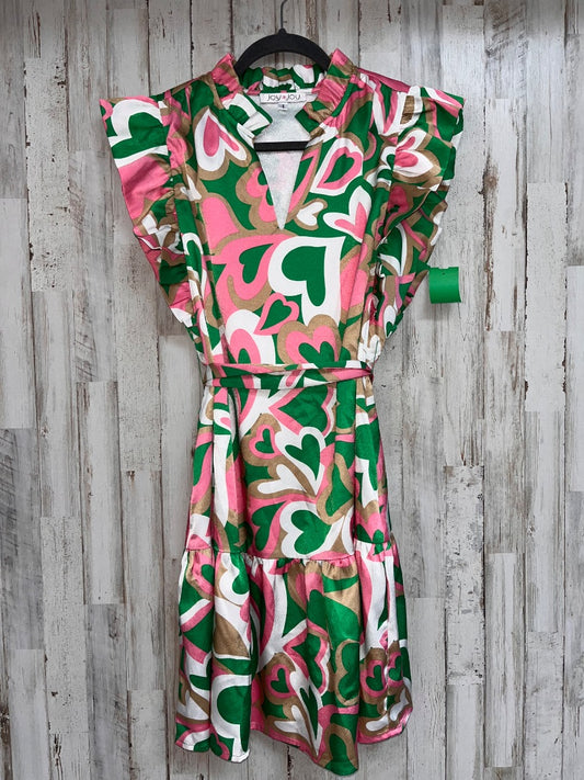 GREEN/PINK JOY JOY HEART PRINT BELTED DRESS, LADIES S