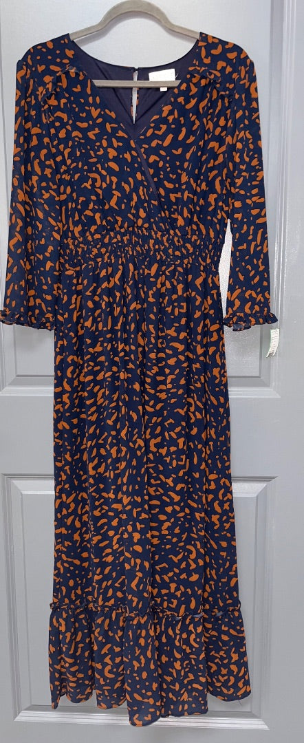 NAVY/BROWN APRICOT SPOTTED SMOCK WAIST MAXI SZ 10, LADIES L