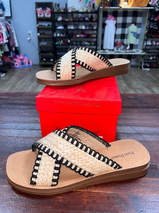 TAN/BLACK PIERRE DUMAS NEW STRAW SANDALS, SHOES A9