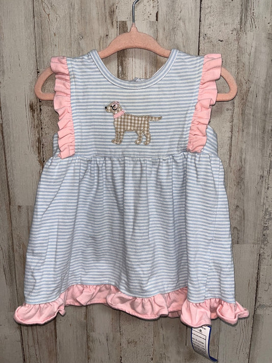 BLUE/PINK TROTTER ST KIDS DOG APPLIQUE STRIPE DRESS, GIRL 12M
