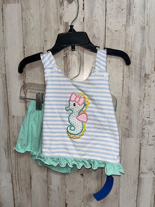 BLUE/MINT BUSY BEE SMOCKS SEAHORSE STRIPE 2PC SET, GIRL 12M