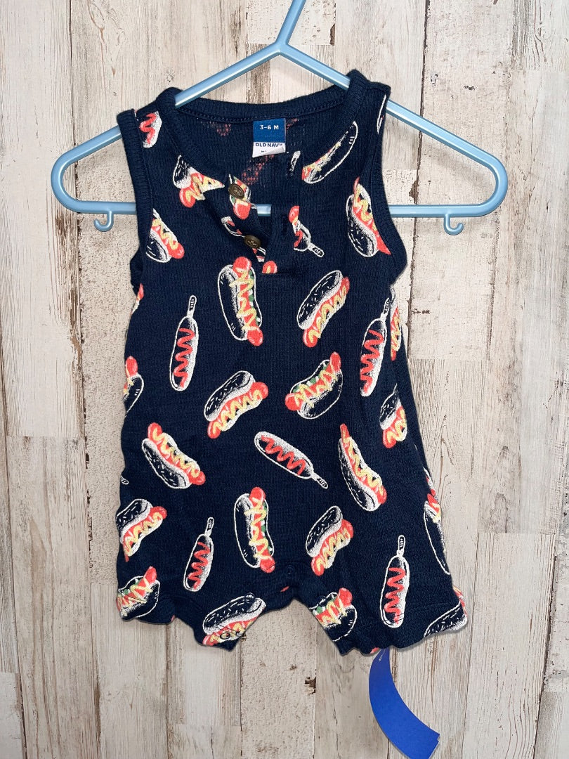 BLUE OLD NAVY HOT DOG TANK ROMPER, BOY 3/6M
