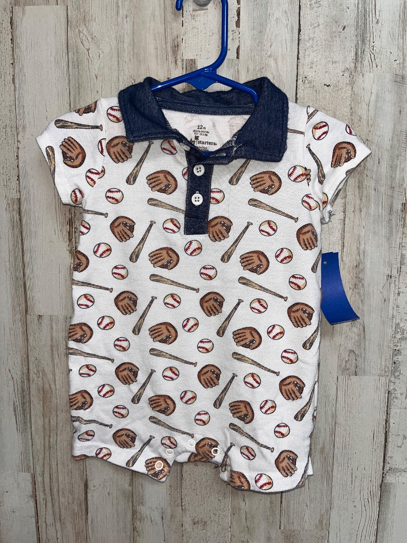 WHITE BABY STARTERS BASEBALL ROMPER, BOY 12M