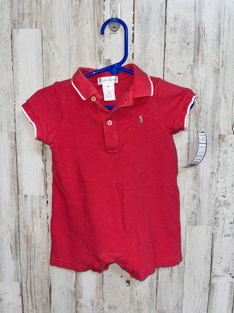 WASHED RED RALPH LAUREN POLO ROMPER, BOY 9M