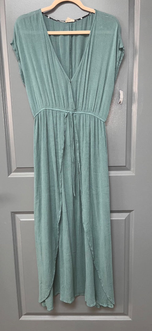 TEAL HEM & THREAD MUSLIN V NECK MAXI DRESS, LADIES L