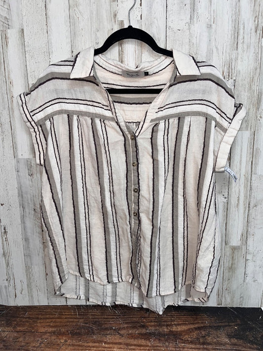 TAN M GIRLS STRIPE BUTTON UP LINEN TOP, LADIES L