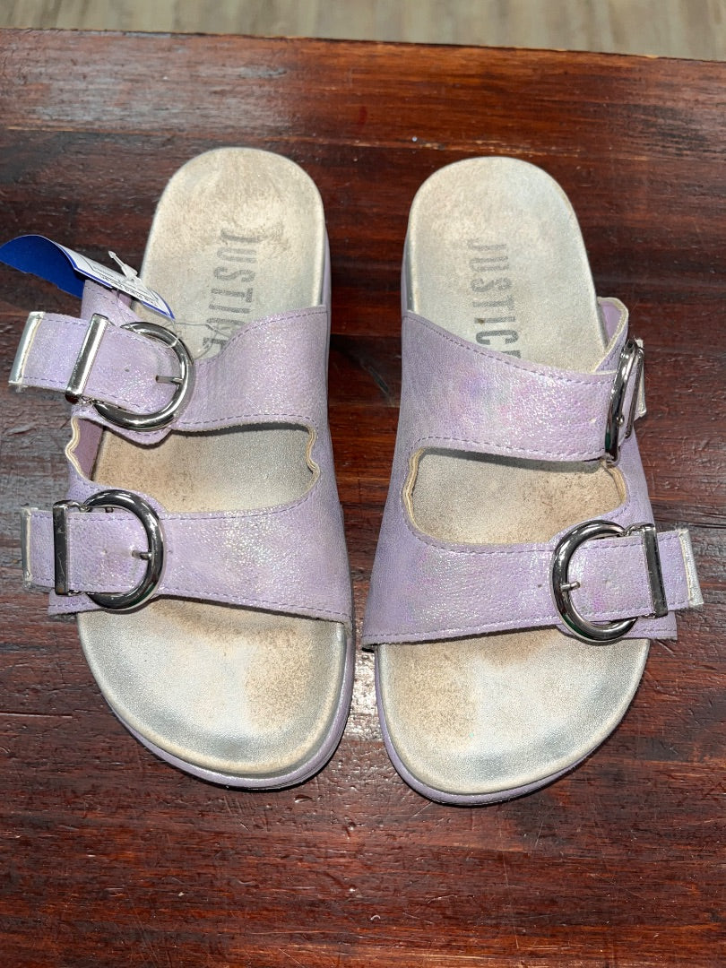PURPLE JUSTICE SHIMMER BUCKLE SANDALS, SHOES Y3