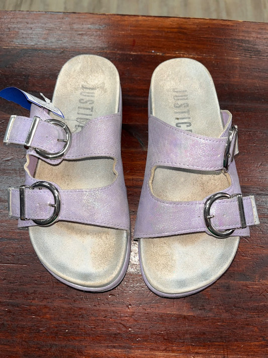 PURPLE JUSTICE SHIMMER BUCKLE SANDALS, SHOES Y3