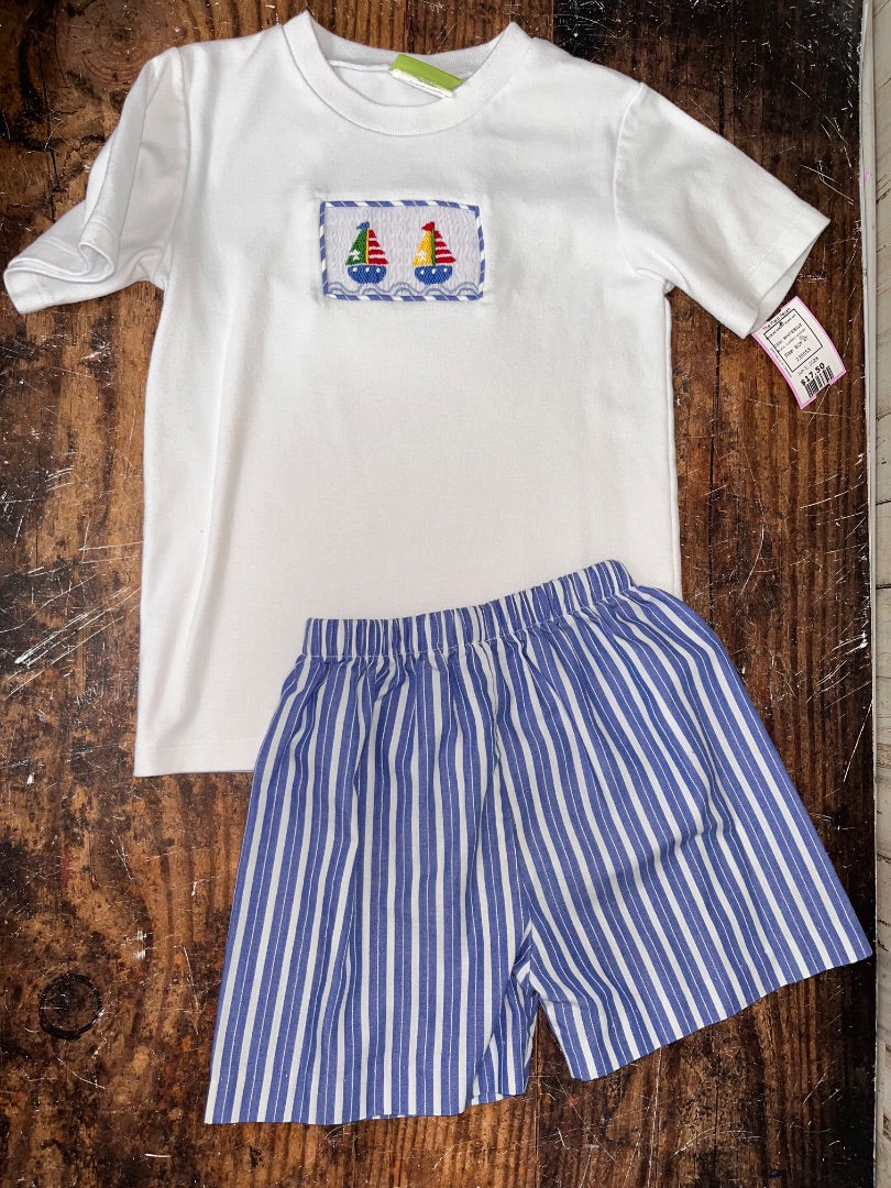 WHITE/BLUE CLASSIC WHIMSY SAILBOAT SMOCKED 2PC SET, BOY 4T