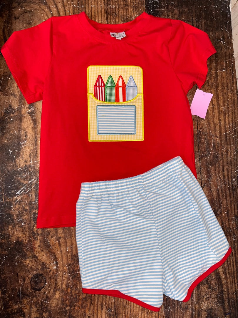RED HONEY BEAR BOUTIQUE CRAYON APPLIQUE 2PC SET, BOY 6