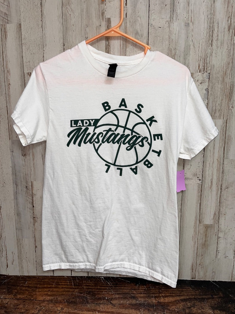 WHITE GILDAN MUSTANGS BASKETBALL TEE, LADIES S