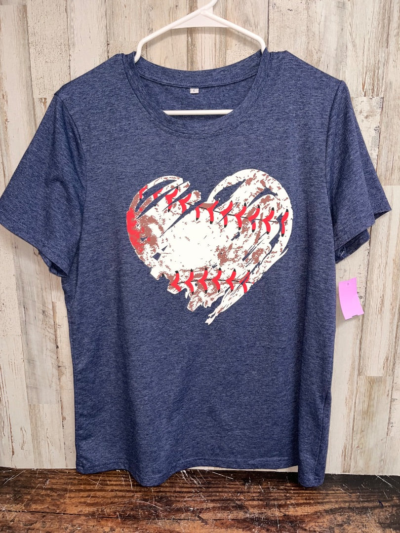 NAVY  BASEBALL HEART TEE, LADIES L